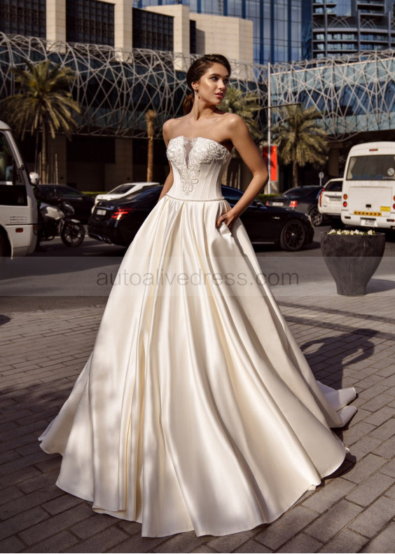 Beaded Strapless Ivory Satin Corset Back Wedding Dress